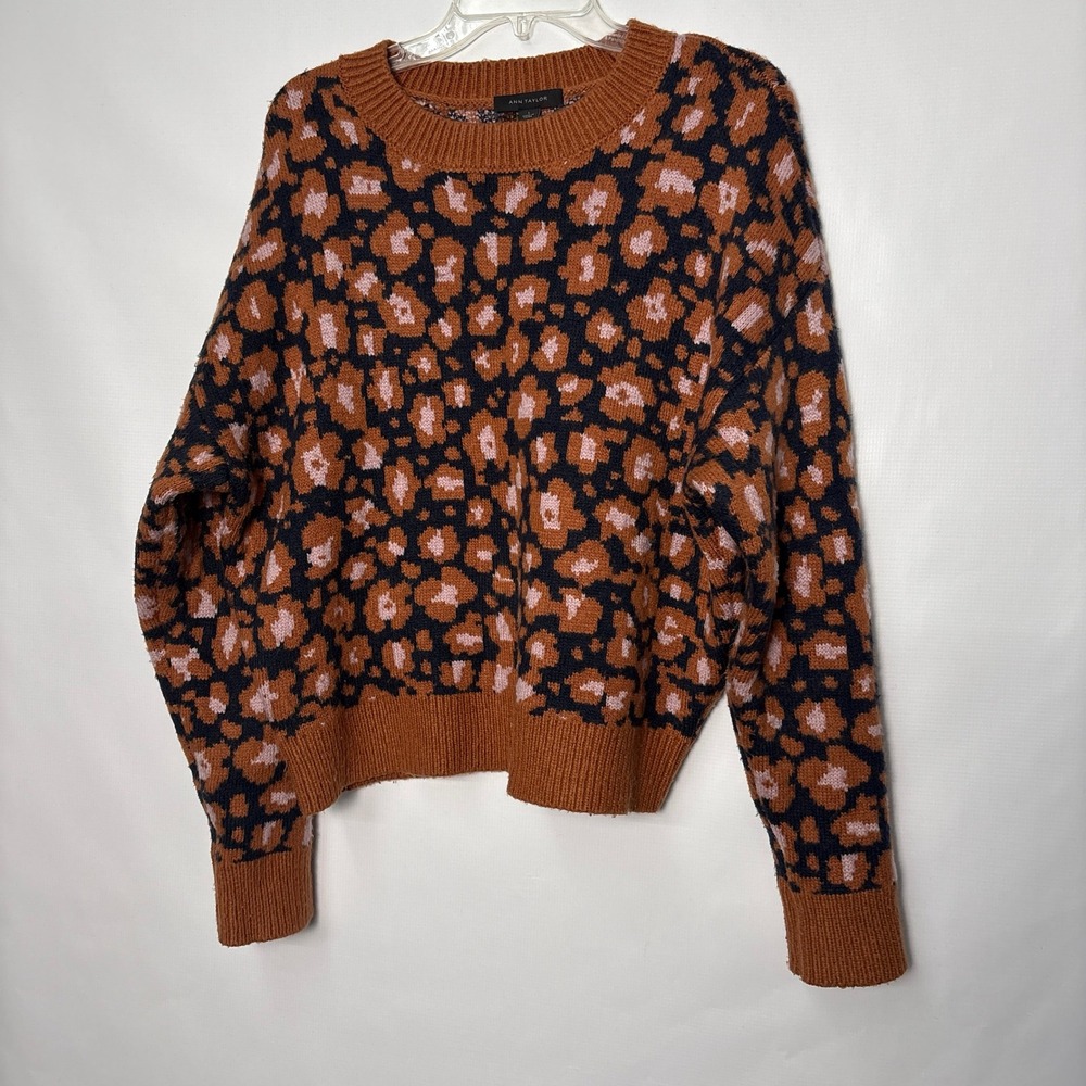 Ann Taylor Womens Leopard Animal Print Pullover Sweater Brown Pink Size L